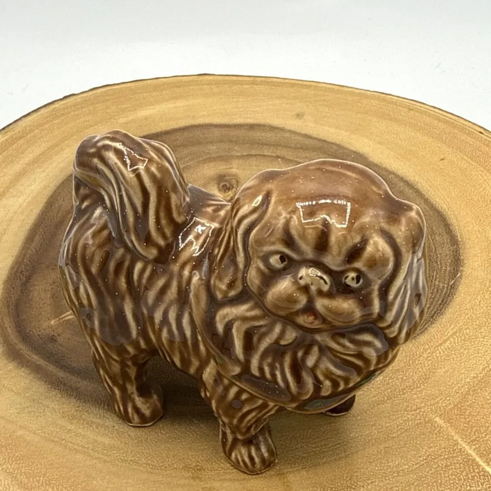 Vintage Porcelain Pekingese Figurine Pekingese Brown Dog W/Green Bow 3.5